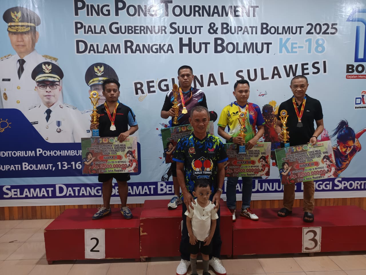 Pagelaran Open Turnamen Tenis Meja Regional Sulawesi yang memperebutkan Piala Gubernur Sulawesi Utara dan Piala Bupati Bolaang Mongondow Utara (Bolmut) resmi ditutup pada Jumat, 16 Mei 2025. Turnamen ini digelar dalam rangka memeriahkan Hari Ulang Tahun ke-18 Kabupaten Bolmut dan dipusatkan di Auditorium Pohohimbunga, berlangsung selama empat hari mulai 13 hingga 16 Mei 2025.