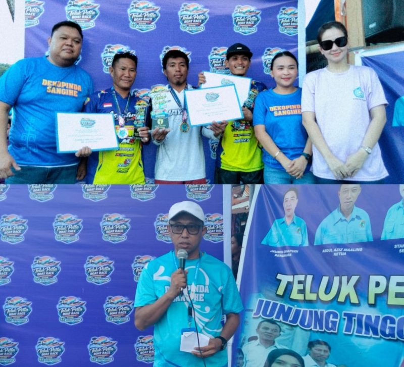 Wakil Bupati Sangihe Tendris Bulahari, Ketua TP-PKK Sangihe Ny Cherry Thungari Soeyoenus, Wakil Ketua TP-PKK Sangihe Ny Agnes Bulahari Walukow bersama Para Juara Pemenang Lomba Kelas Pakura
serta Ketua Dekopinda Sangihe Aziz Maaling