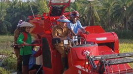 Bupati Boltara Dr. Sirajudin Lasena saat melakukan panen padi varietas JR28 menggunakan alsintan combine harvester, bersama kelompok tani dan didampingi oleh wakil bupati Moh. Aditya Pontoh dan Kepala Dinas Pertanian