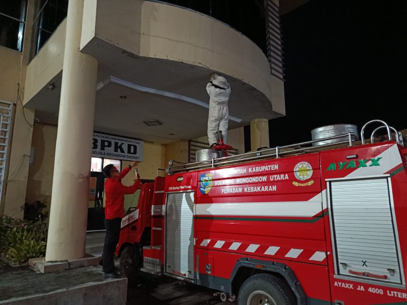 Personil Damkar Boltara memusnahkan sarang tawon vespa yang berada di area BPKPD Boltara setelah menerima laporan warga