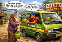 Ilustrasi emak-emak nitip tabung gas LPG 3 Kg pada sopir taksi