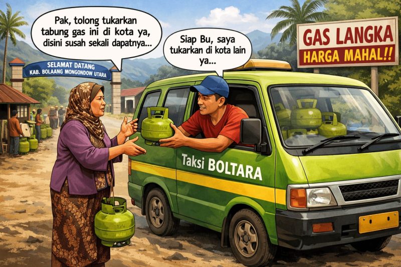 Ilustrasi emak-emak nitip tabung gas LPG 3 Kg pada sopir taksi