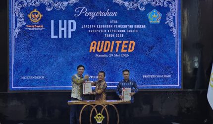 Pemerintah Kabupaten (Pemkab) Kepulauan Sangihe kembali berhasil mempertahankan opini Wajar Tanpa Pengecualian (WTP) dari Badan Pemeriksa Keuangan (BPK) RI Perwakilan Sulawesi Utara atas Laporan Hasil Pemeriksaan (LHP) Laporan Keuangan Pemerintah Daerah (LKPD) Tahun Anggaran 2025.