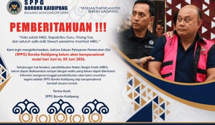 Program Makan Bergizi Gratis (MBG) yang selama ini disalurkan melalui Satuan Pelayanan Pemenuhan Gizi (SPPG) Boroko Kaidipang resmi dihentikan sementara mulai Jumat, 5 Juni 2026. Penghentian operasional tersebut dilakukan hingga batas waktu yang belum ditentukan.