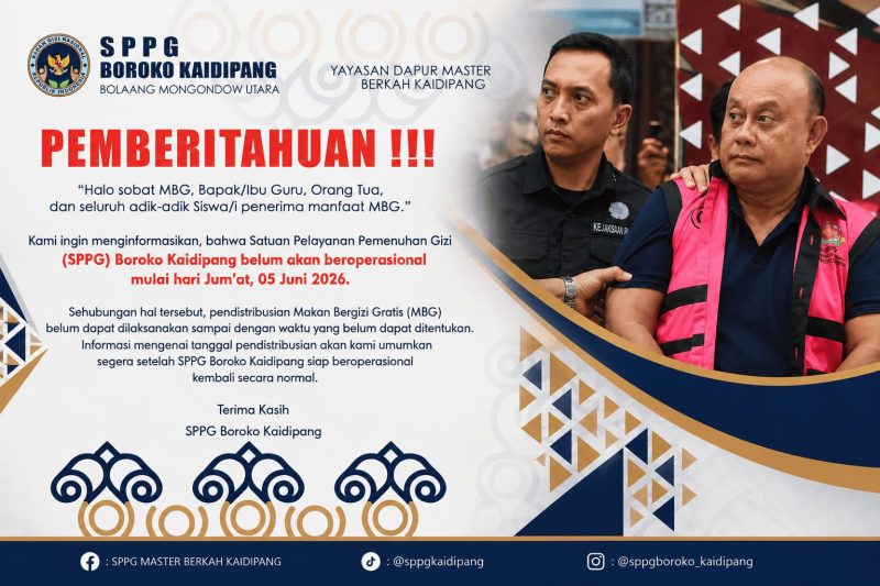 Foto pemberitahuan SPPG Boroko Kaidipang dan Eks BGN Dadan Hindayana ditetapkan tersangka dugaan korupsi MBG 